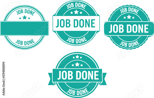 Teal job done badges with stars stamp white, job done, badge, stamp, teal, white, stars, success, completion, achievement, graphic, design, illustration, circular, ribbon, text, approval, recognition,