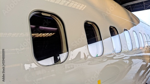 Outside view of shiny airplane cabin window