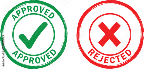Approved rejected stamps with checkmark and cross vector, approved, rejected, stamp, checkmark, cross, green, red, circular, grunge, graphic, symbol, decision, confirmation, denial, yes, no, vote, cho