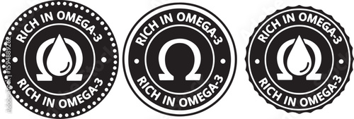 Black omega symbol with drop and text rich in omega 3, omega symbol, drop, rich in omega 3, black and white, circular emblem, health, nutrition, supplement, seal, logo, healthy, food, ingredient, qual