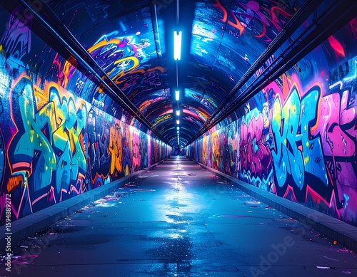 Vibrant graffiti tunnel with colorful murals and glowing lights