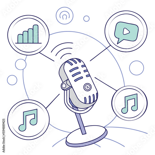 An illustration of a vintage microphone surrounded by icons representing audio and communication tools