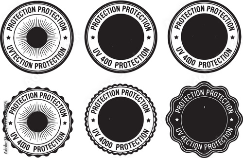 Circular emblems with sunburst and text protection, circular, emblem, protection, uv protection, sunburst, star, text, black and white, graphic, seal, stamp, badge, label, design, symbol, graphic desi