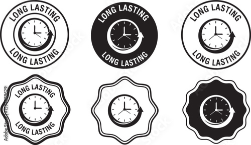 Clock emblems with long lasting text time badge, clock, time, long lasting, emblem, badge, circular, arrow, graphic, design, black and white, seal, stamp, symbol, duration, persistence, endurance, rel