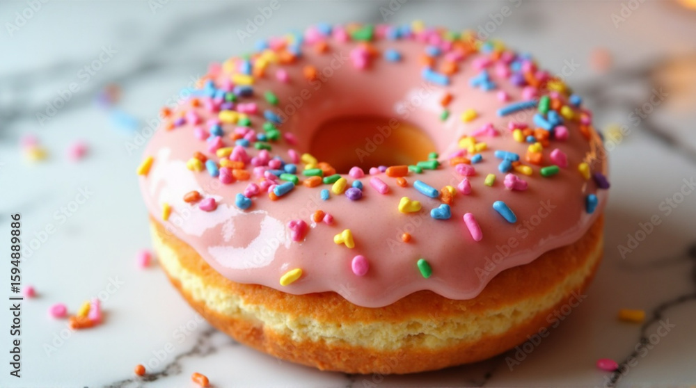 Delicious donut with pink icing and colorful sprinkles sits on a marble surface in a close-up, tempting treat. Delicious donut with pink icing and colorful sprinkles sits on a marble surface in a close-up, tempting treat.