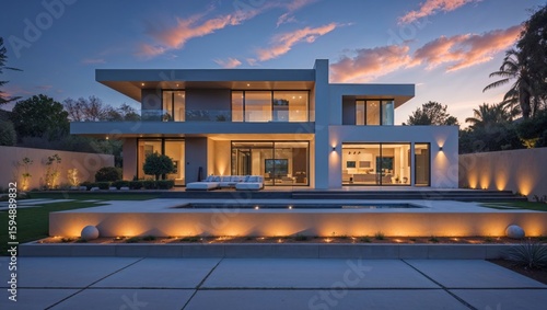 Stunning modern architectural home with soft lighting showcases high fidelity design, enhanced by subtle ening at dusk in California setting.