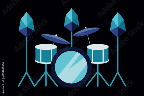A vibrant drum set stands isolated on white, illuminated by studio photography equipment including a softbox and tripod
