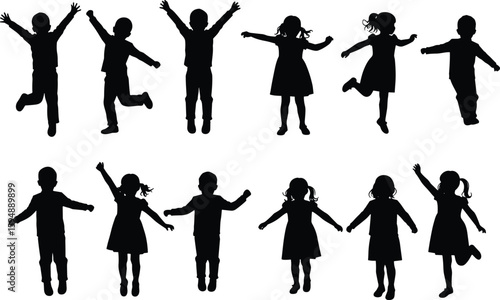 Collection of black vector silhouettes of happy children jumping, a joyful group of little boys and girls playing and celebrating together.
