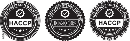 Food safety system certified H A C P emblems HACCP, haccp, food safety, certification, emblem, badge, seal, black and white, graphic, checkmark, stars, circular, award, quality, assurance, compliance,