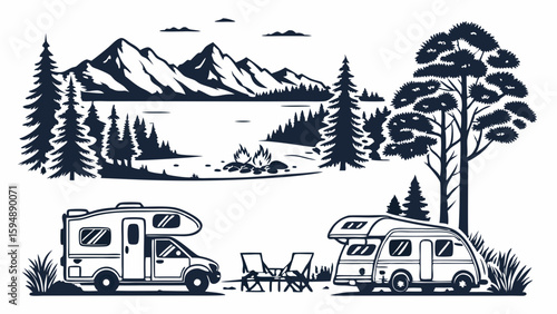 RV camping adventure. Motorhome and travel trailer at a beautiful nature campsite with mountains, lake, and forest.