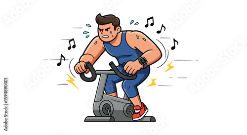 Angry cartoon man intensely exercising on a stationary bike, surrounded by music notes and sweat.