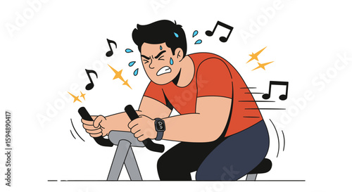 Angry man working out intensely on a stationary bike, sweating and frustrated by the music.