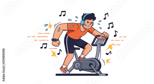 Cartoon illustration of a man exercising vigorously on a stationary bike, energized by music.