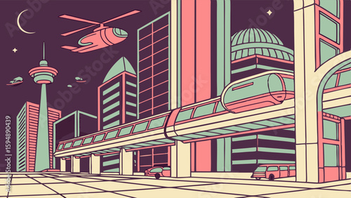 Futuristic Cityscape at Night with Modern Monorail, Skyscrapers, and Flying Vehicles. Urban Future Technology Illustration.
