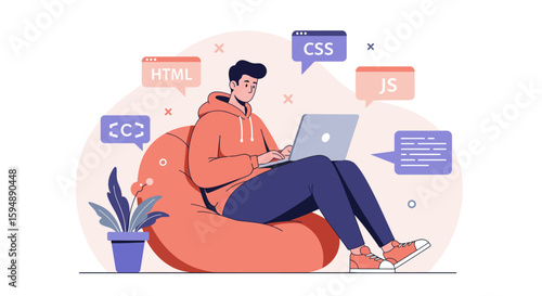 Young programmer coding on laptop, relaxed in beanbag chair, surrounded by HTML, CSS, and JavaScript code bubbles.