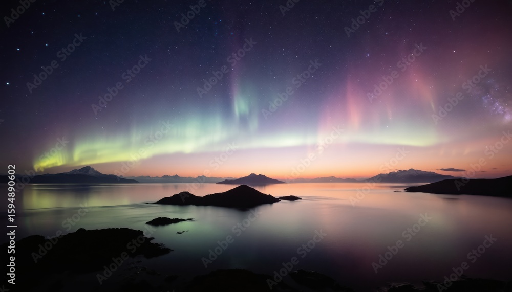 Naklejka premium Cosmic aurora reflection dances over ocean peaks at dusk. Serene mountain landscape meets captivating night sky filled with stars. Mystic, peaceful illumination, ethereal glow, celestial spectacle