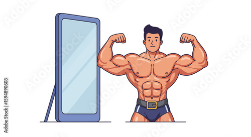 Cartoon illustration of a muscular man flexing his biceps while looking at himself in a mirror, showcasing his physique.