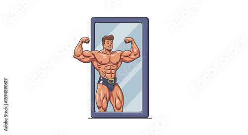 Cartoon illustration of a muscular man flexing his biceps while looking at his reflection in a mirror.