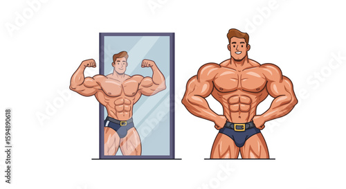 Muscular bodybuilder admiring his physique in a mirror, showcasing impressive gains from weight training.