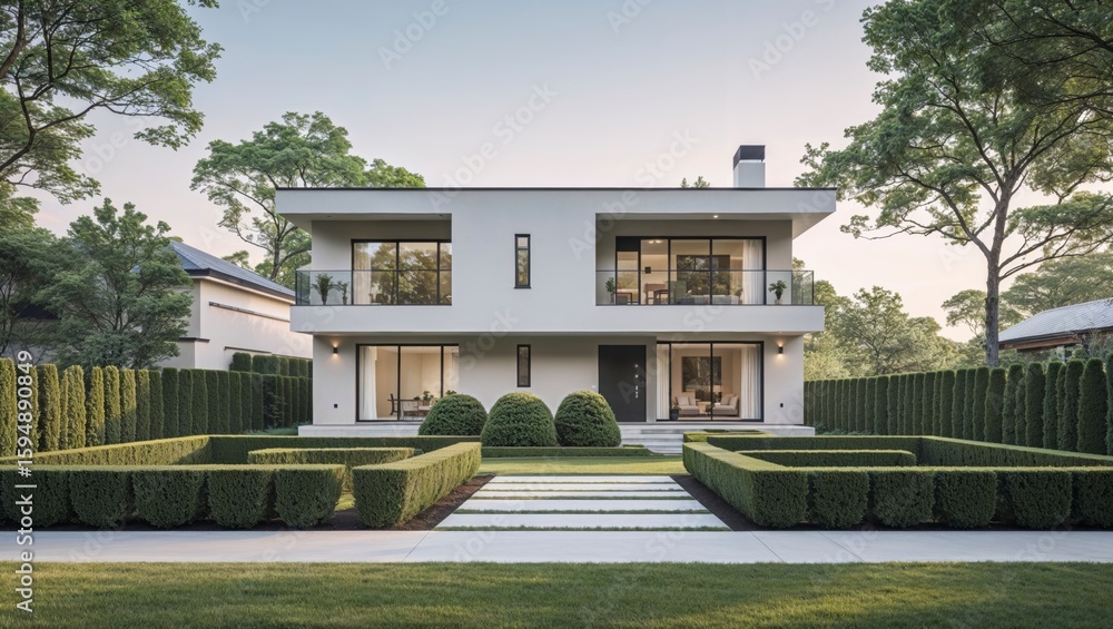 Fototapeta premium Two-story modern house showcases elegant design and neatly trimmed landscaping, a high fidelity vision with enhanced detail and ness.