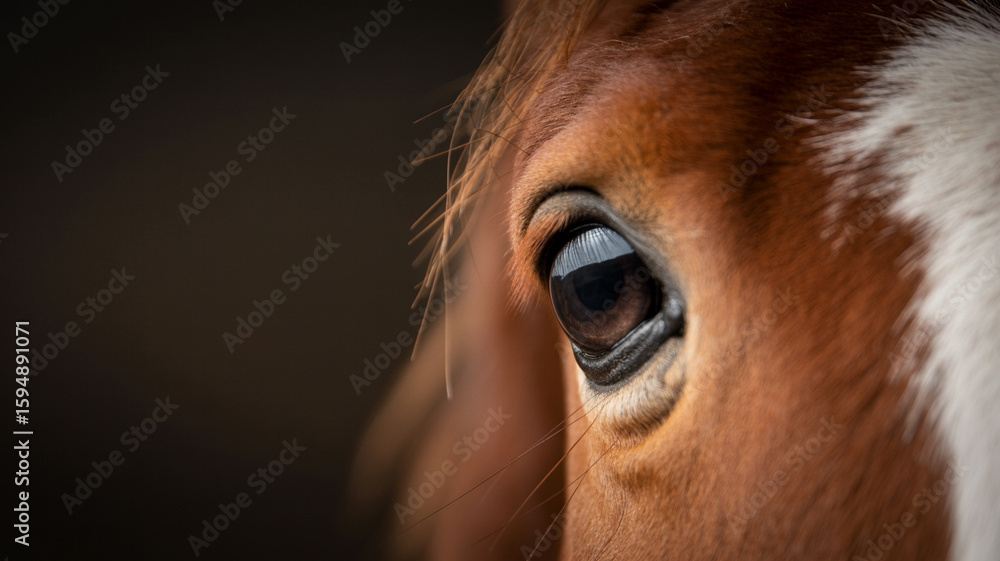 Fototapeta premium Close-Up of Horse Eye with Reflective Shine and White Stripe on Forehead Against Dark Background