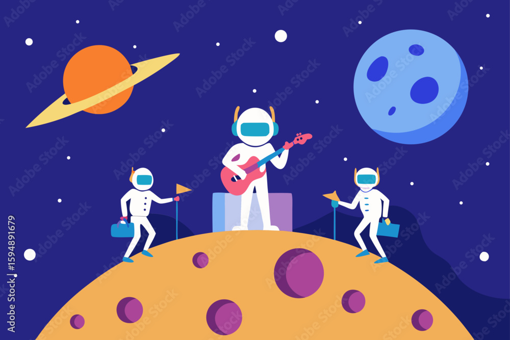 Naklejka premium Children astronauts love the magic of a snowy Christmas night sky with stars and the moon