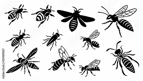 Bee Wasp Hornet Black Silhouette Set. Flying Insects Isolated on White Background. Nature Bug Vector Icons Collection.