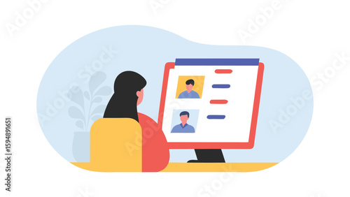 A woman viewing profiles on a computer screen in a home office environment with a plant behind her