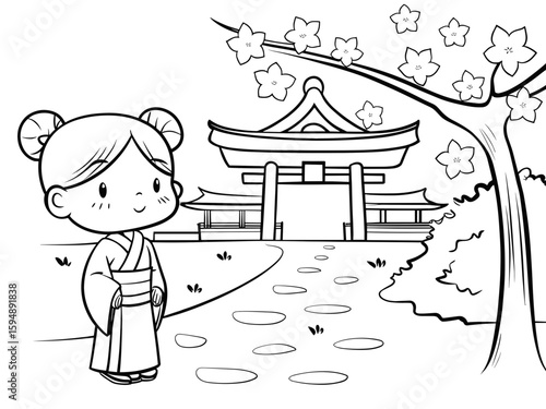 Young girl in kimono standing by cherry blossoms near temple coloring page for kids activities and educational worksheets 