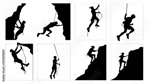 Rock climbing and mountain climbing silhouettes. Climbers on rocks and cliffs. Adventure sport, extreme outdoor activity, challenge.