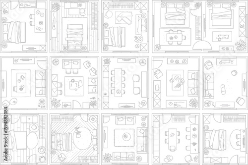 Detailed architectural floor plan blueprint of multiple rooms and layouts