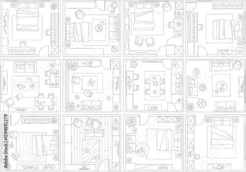 Architectural floor plan drawing of a building with multiple rooms and furniture