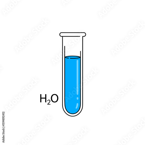 Test tube with blue liquid and H2O label, chemistry symbol for experiments and analysis