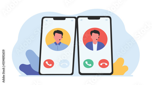 Two smartphones displaying video calls with people and colorful abstract shapes around them
