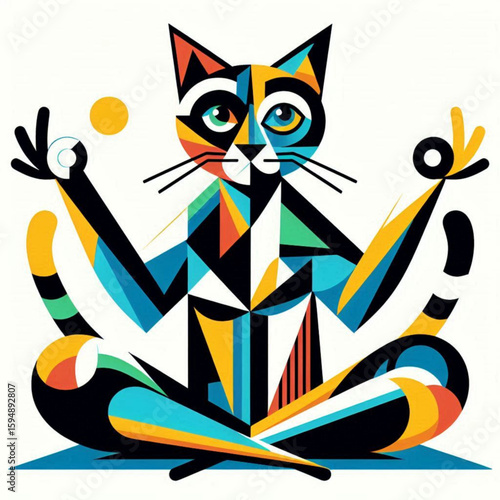 Stylized colorful cat meditating with geometric shapes on light background