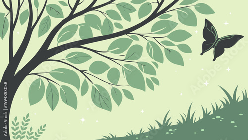 Green tree branches with fresh leaves and a flying butterfly. Peaceful nature background for spring, summer, growth, and beauty.