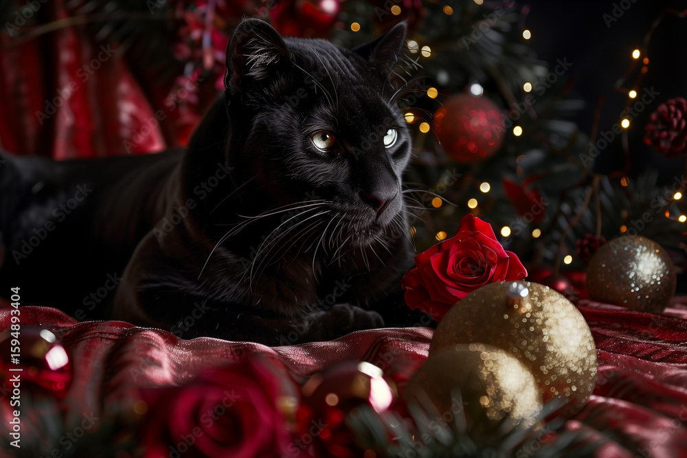 Obraz premium Black Cat with Christmas Decorations