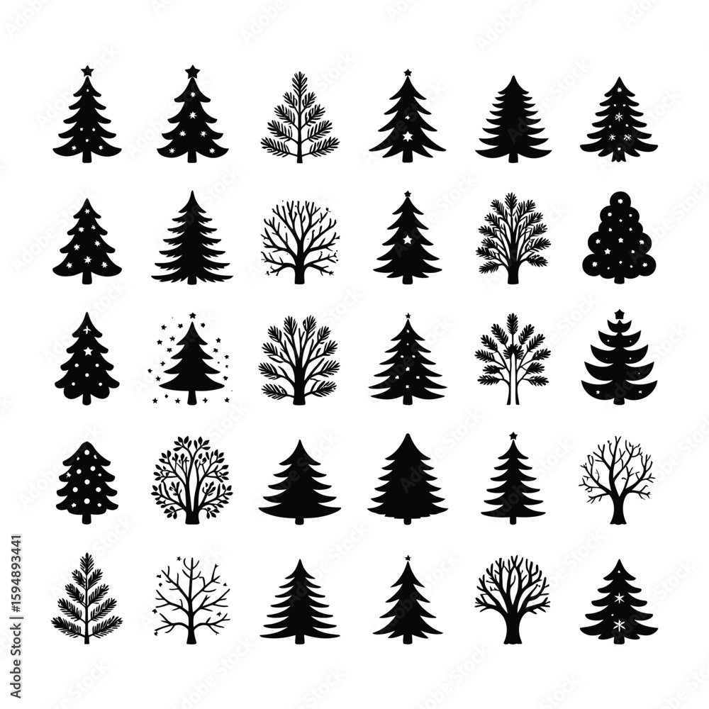 Obraz premium Collection of stylized christmas trees and bare trees in silhouette