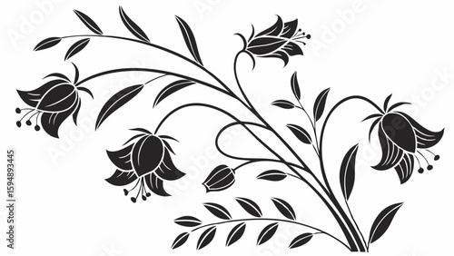 Black and white floral design elegant botanical flower silhouette with leaves decorative vector art for vintage design