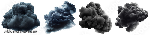 collection of dark smoke clouds and black dust puffs isolated on white background