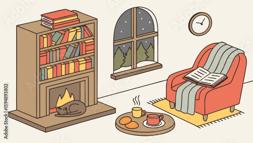 Cozy winter living room with fireplace, cat, book, hot tea, and snowy window. Warm home comfort and relaxation.