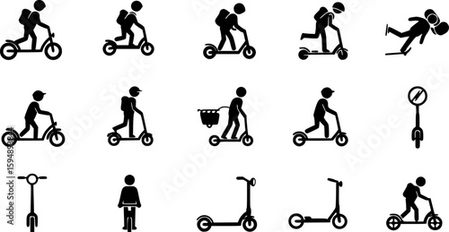 Electric Urban Transport Rent Black Silhouette Icon Set. Man Gyro scooter Bike Roller Skate Board Kick Scooter Unicycle Glyph Pictogram. Eco Device Transportation Symbol. Isolated Vector Illustration