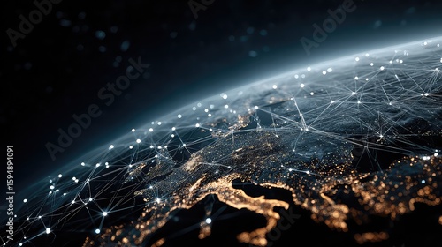 Global digital infrastructure connects blockchain, IoT, and internet-based businesses through Earth-spanning networks, symbolizing future-ready fintech, cloud, and data systems.