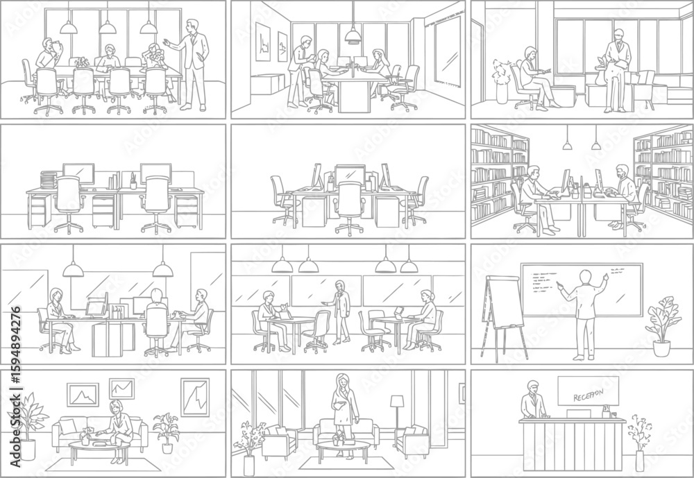 Obraz premium Collection of hand drawn sketches depicting office meetings and brainstorming sessions