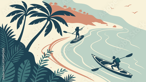Tropical beach vacation with people kayaking and paddleboarding. Summer water sports on the ocean coast.