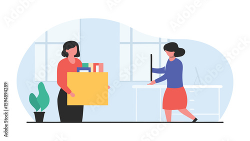 Woman carrying box while another works at desk in office with plant near window and computer setup