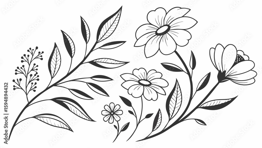 Fototapeta premium Botanical hand drawn floral elements. Black and white line art flower and leaf illustrations set for design.