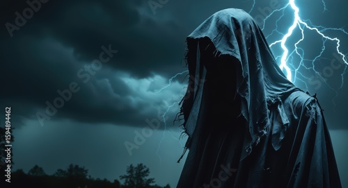 Grim reaper hooded figure in storm with lightning background halloween concept art