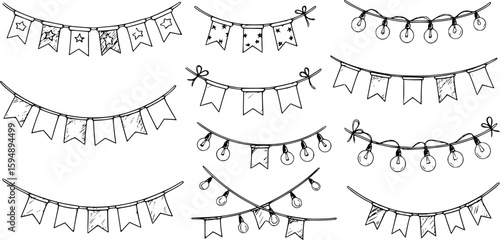 Set of hand drawn sketch garlands with flags and light bulbs.
