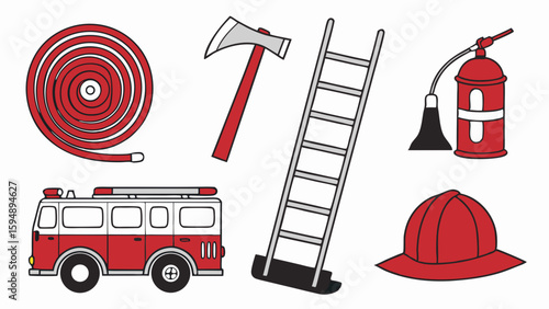 Firefighter equipment set with fire truck, hose, extinguisher, ladder, axe, and helmet. Emergency safety tools collection.